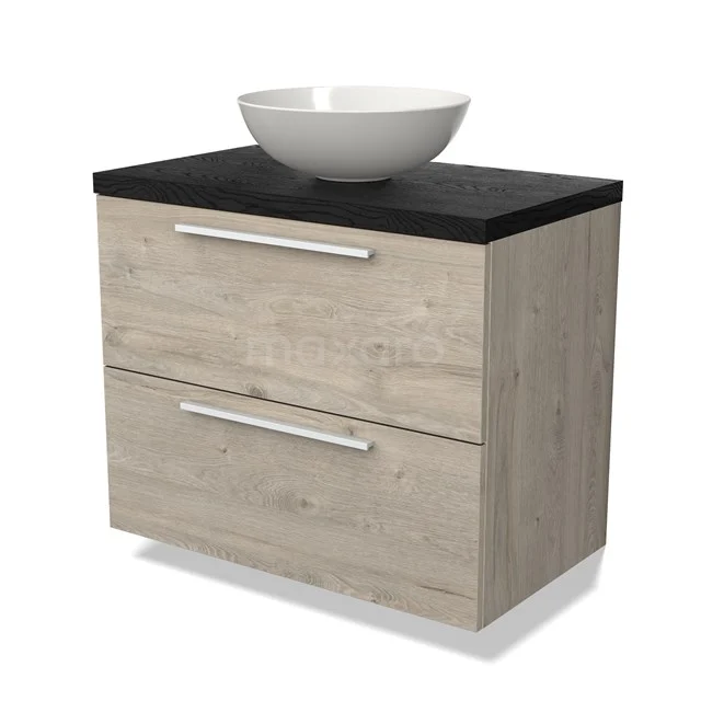 Waschtischunterschrank mit Konsole BMK17-02686 Holz Badschrank mit Schwarz Platte, zwei Schubladen und integriertem weißen Aufsatzwaschbecken; schlankes Design für moderne Bäder.