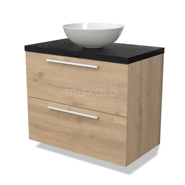 Modulo Plato Vanity units for countertop basin | 80 cm Light brown oak Flat front Black oak worktop 2 Stacked drawers BMK17-02688
