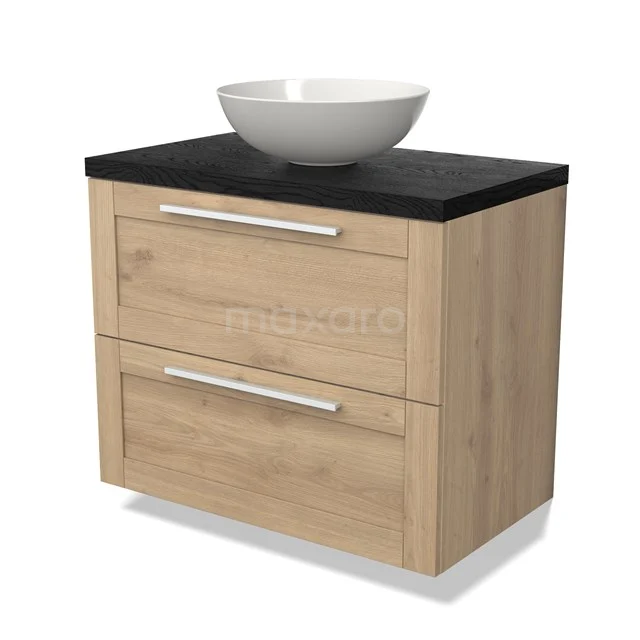 Holz Waschtisch mit schwarzer Platte, zwei Schubladen und Aufsatzwaschbecken, ideal für ein modernes Badezimmer.