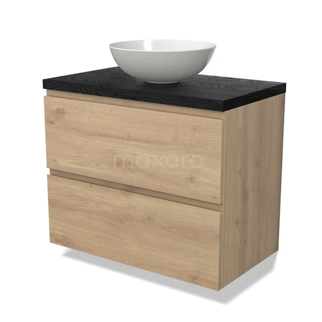 Eichen Badezimmermöbel mit schwarzer Platte und weißem Aufsatzwaschbecken, kompaktes Design und moderne Ausstrahlung.