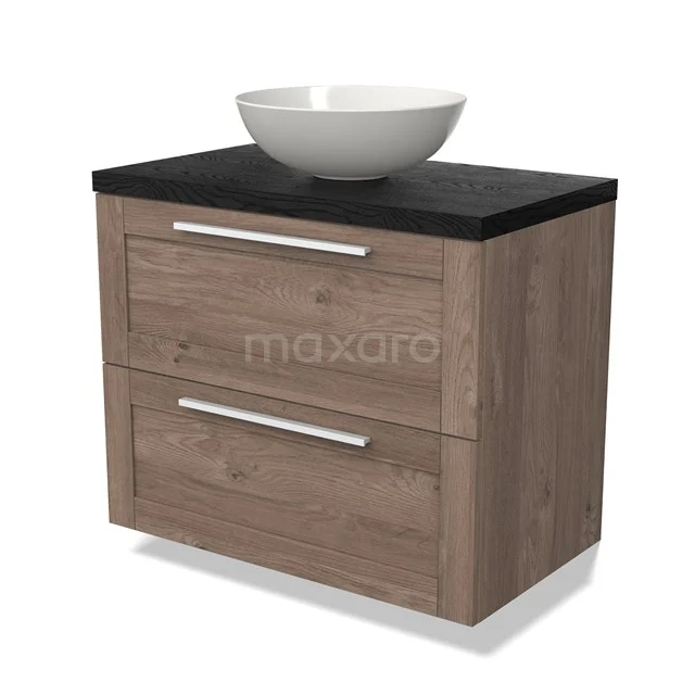 Wooden bathroom unit with two drawers, black worktop and white top washbasin, ideal for modern bathroom design.
