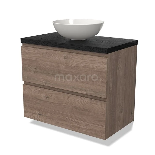 Modulo Plato Vanity units for countertop basin | 80 cm Mid brown oak Handle-less front Black oak worktop 2 Stacked drawers BMK17-02693
