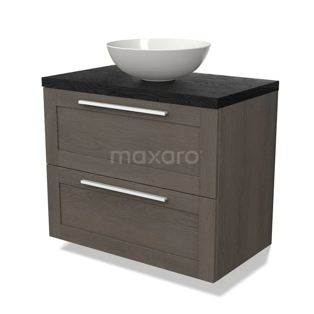 Wooden vanity unit with dark worktop and white bowl, modern design with storage drawers; ideal for contemporary bathrooms.