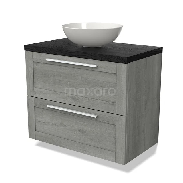 Grey wooden bathroom unit with black top and white round countertop wash basin, compact design with two drawers.
