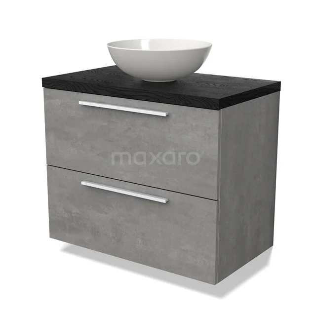 Modulo Plato Vanity units for countertop basin | 80 cm Light grey concrete Flat front Black oak worktop 2 Stacked drawers BMK17-02699