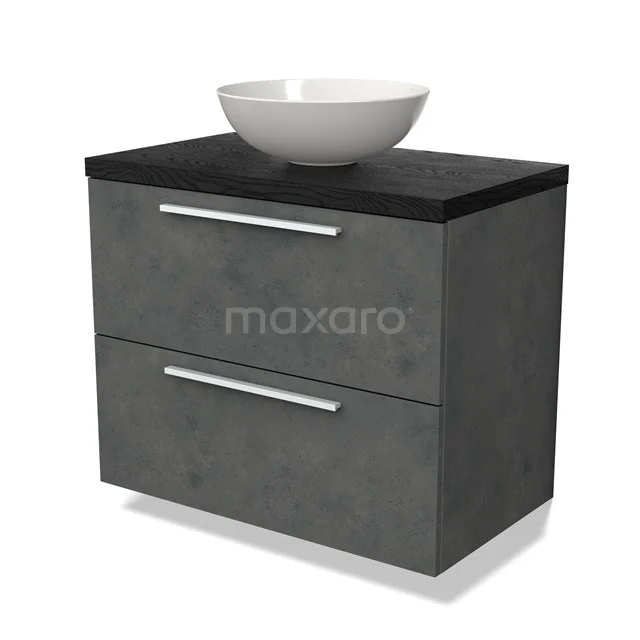 Modulo Plato Vanity units for countertop basin | 80 cm Dark grey concrete Flat front Black oak worktop 2 Stacked drawers BMK17-02700