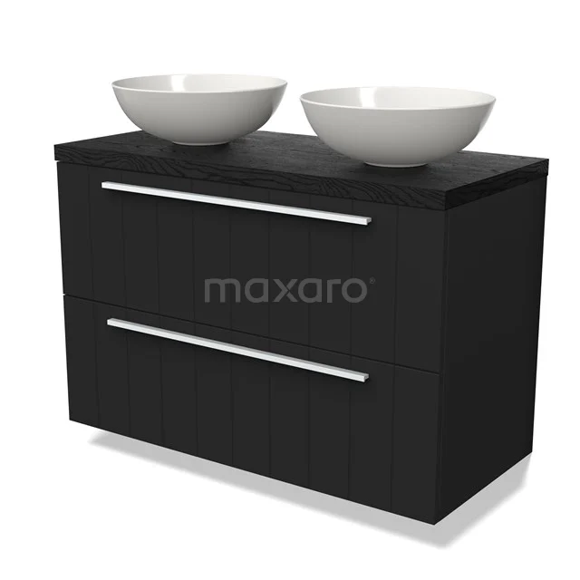 Zwarte badkamermeubelset met twee witte waskommen, moderne uitstraling, strak design en chromen handgrepen.