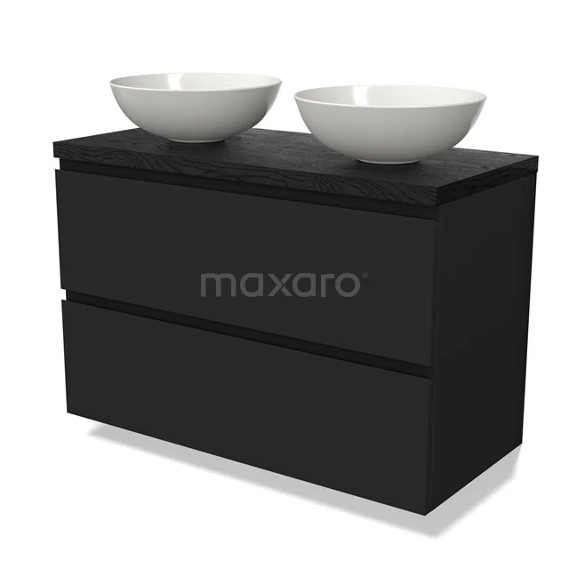 Zwart hangend badkamermeubel met twee witte waskommen, modern design en strakke lijnen, ideaal voor een stijlvolle badkamer.
