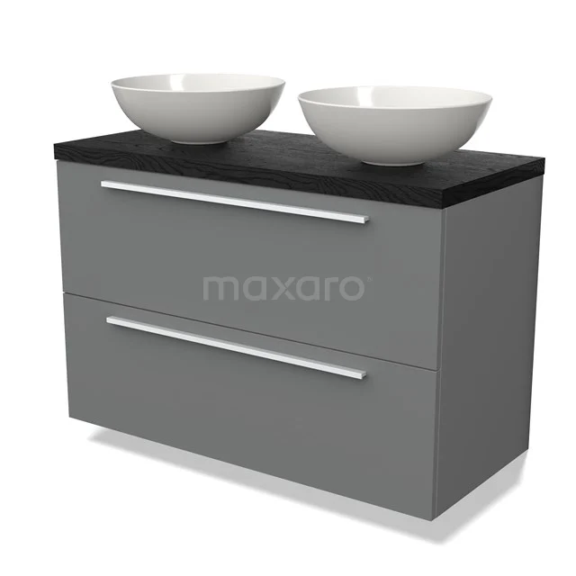 Grijze badkamermeubel met zwarte blad en twee witte waskommen, modern design, ideaal voor stijlvolle badkamerinrichting.