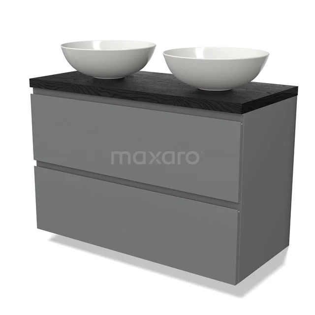 Grijze badkamerkast met zwart blad, dubbele witte waskommen en strakke lijnen, perfect voor moderne badkamers.