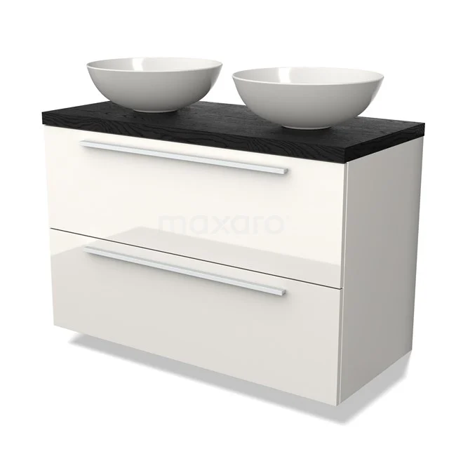 Wit hoogglans wastafelmeubel met twee ronde waskommen, zwart houten blad en brede lades, perfect voor een moderne badkamer.