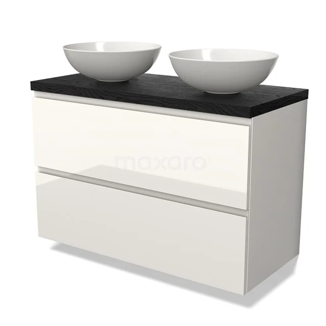 Weißes hängendes Badmöbel mit schwarzer Platte und zwei runden Aufsatzwaschbecken, modernes Design und praktische Schubladen.