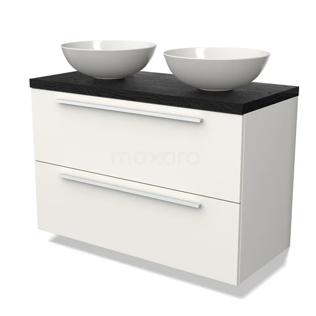 Weißes Badezimmermöbel mit zwei runden Aufsatzwaschbecken, schwarzer Platte und modernen Haltegriffen. Zeitgemäßes Design für ein stilvolles Badezimmer.