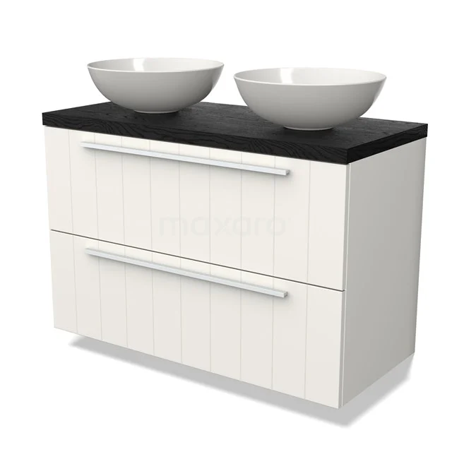 Weißes Badezimmermöbel mit zwei Schubladen, schwarzer Platte und zwei runden Aufsatzwaschbecken, ideal für ein stilvolles modernes Badezimmer.