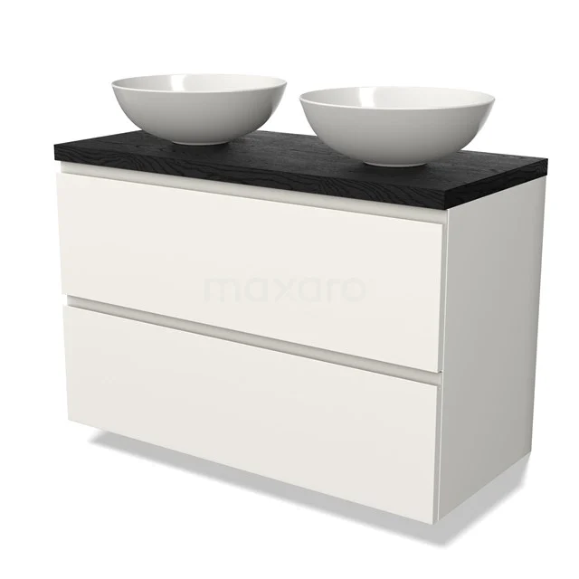 Wit badkamermeubel met zwarte bovenkant en twee ronde waskommen, modern design, ideaal voor een stijlvolle badkamerinrichting.
