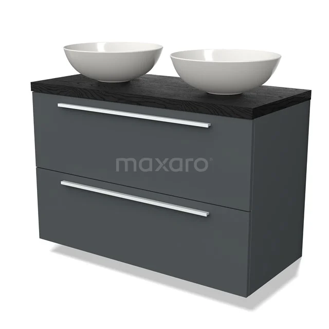 Grijze badmeubelset met zwarte bovenblad, dubbele witte waskommen en chromen handgrepen, perfect voor moderne badkamers.