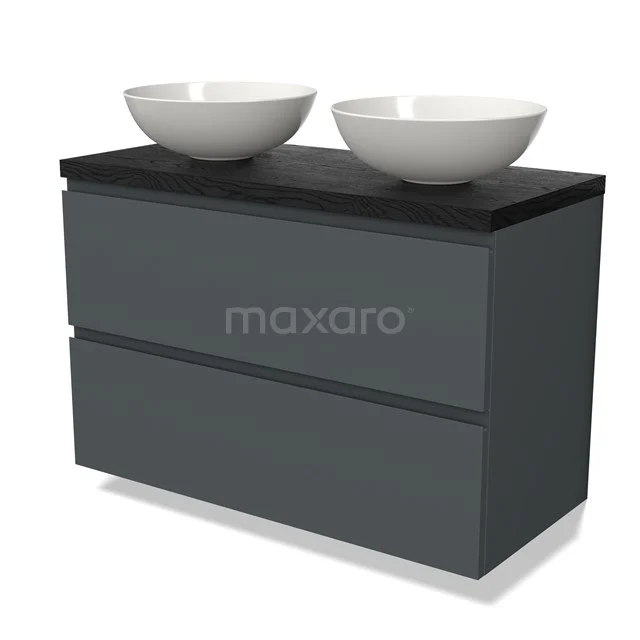 Grijze ladebadmeubel met antraciet blad, dubbele witte waskommen en modern design, perfect voor een stijlvolle badkamer.