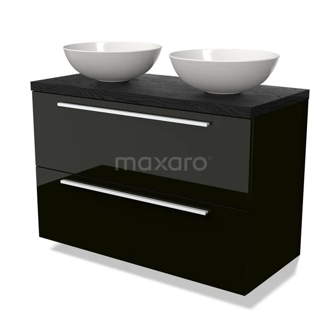 Black high-gloss bathroom unit with two white countertop wash basins, sleek design and metal handles, ideal for modern bathrooms.