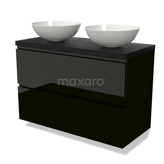 Zwart badkamermeubel met hoogglans afwerking, dubbele witte wastafels bovenop; stijlvol en modern design voor de badkamer.