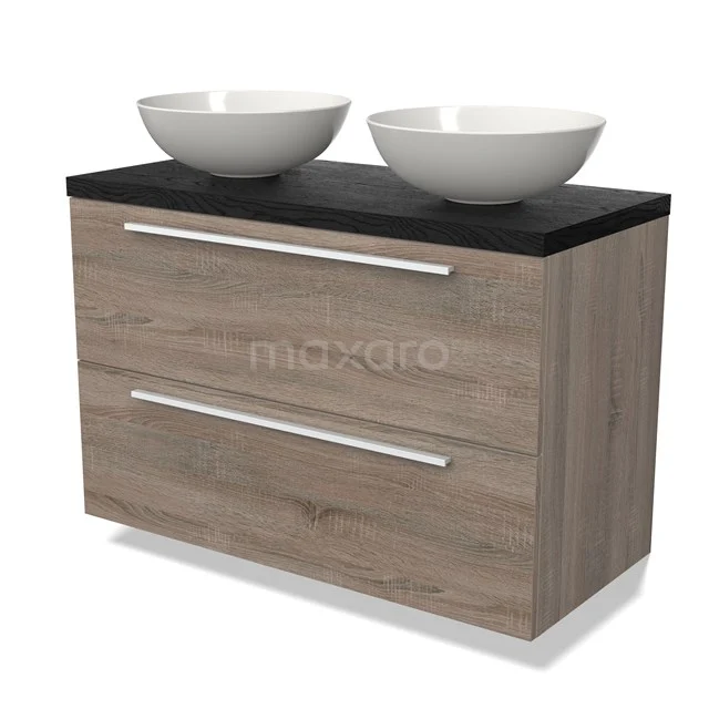 Houten badkamermeubel met twee witte waskommen, zwart blad, lades met zilveren grepen, ideaal voor een moderne badkamer.