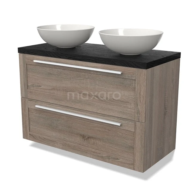Wooden bathroom unit with double countertop wash basins, black worktop and drawers. Modern design, ideal for stylish bathroom layouts.