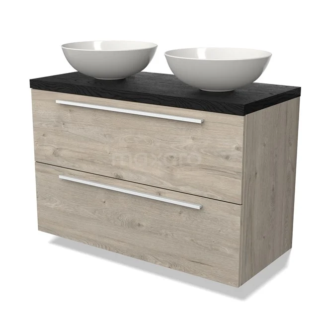 Houten badkamermeubel met zwart blad, twee witte waskommen en twee lades. Modern design, perfect voor stijlvolle badkamers.