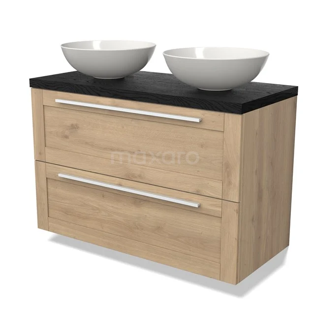 Houten badkamermeubel met twee lades, zwarte blad en dubbele witte waskommen, modern ontwerp voor stijlvolle badkamers.