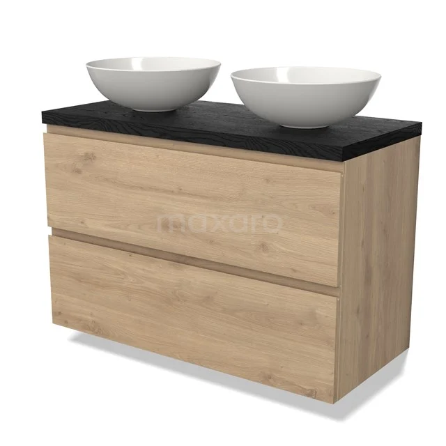 Eikenhouten badkamermeubel met zwarte blad en twee witte waskommen, modern design voor een stijlvolle en functionele badkamer.