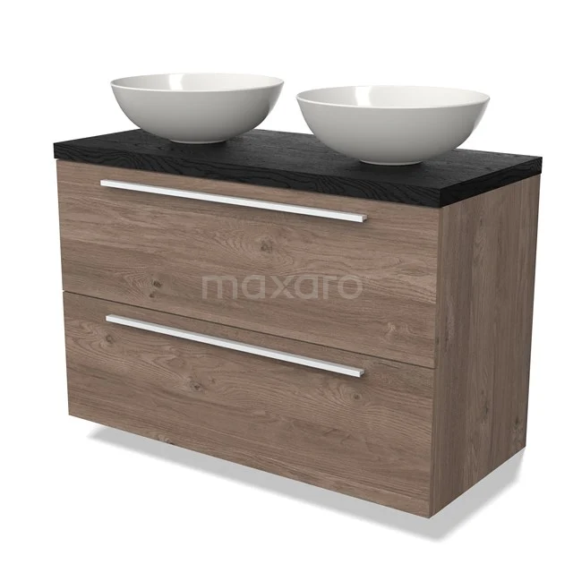 Houten badkamermeubel met donker blad, twee witte wastafels en moderne lades, ideaal voor stijlvolle badkamerinrichting.
