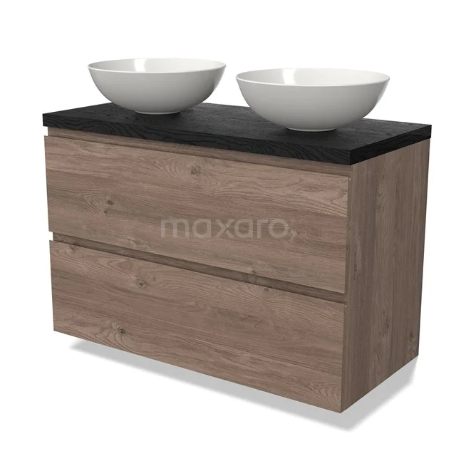 Holz-Badmöbel mit zwei weißen Aufsatzwaschbecken und schwarzer Platte, modernes Design, ideal für einen stilvollen Badezimmerraum.