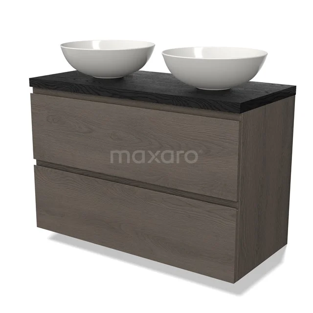 Waschtischunterschrank mit Konsole BMK17-02728 Holz-Badmöbel mit zwei weißen Aufsatzwaschbecken, dunkler Platte, modernes Design, ideal für eine stilvolle Badezimmerinrichtung.