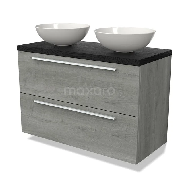 Bathroom unit in grey wood look with black worktop, two white countertop wash basins and black metal handles, modern and stylish design.