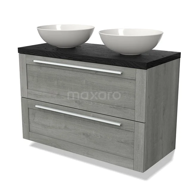 Grey wooden bathroom unit with double white vanity units for countertop wash basins and a dark worktop, ideal for modern bathroom spaces.