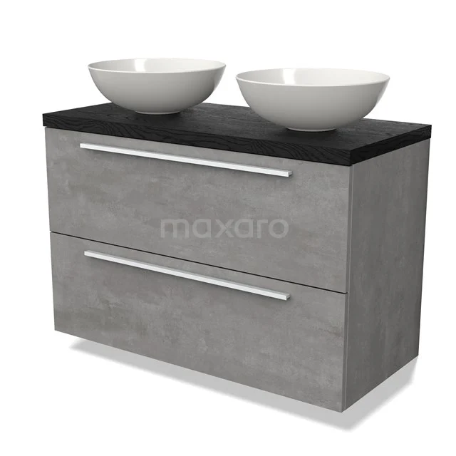 Graue Badmöbelset mit zwei keramischen Aufsatzwaschbecken, schwarzer Holzplatte und Edelstahl Haltegriffen, perfekt für moderne Bäder.