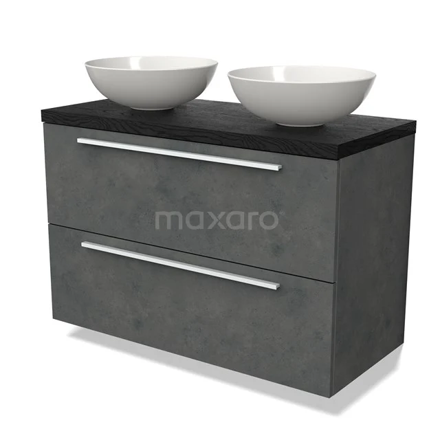 Graue Badmöbelset mit zwei weißen Waschbecken, schwarzer Platte, mattem Betonlook, modernem Design mit zwei Schubladen.