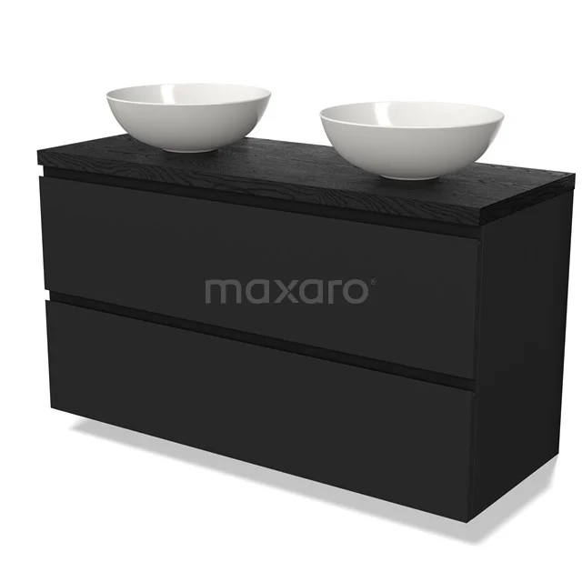 Black bathroom unit with vanity units with basin, matte black finish, two drawers and white ceramic countertop wash basins.