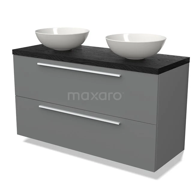 Graues Doppelwaschbeckenmöbel mit schwarzer Platte und zwei weißen Aufsatzwaschbecken; modernes Badezimmerdesign.