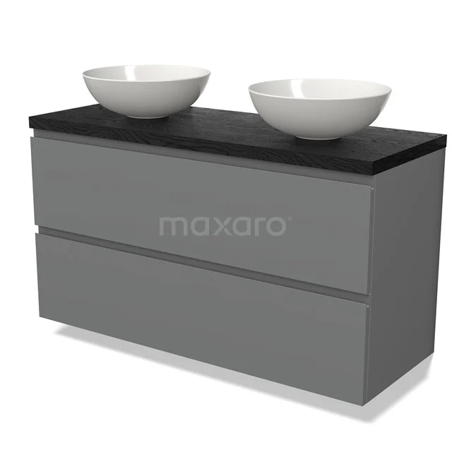 Grey bathroom furniture set with two white ceramic countertop wash basins, black worktop and drawers with sleek handle-free finish.