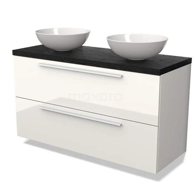 Weißes Badmöbel mit schwarzer Platte und zwei runden Waschbecken, modernes Design, ideal für luxuriöse Badezimmergestaltung.