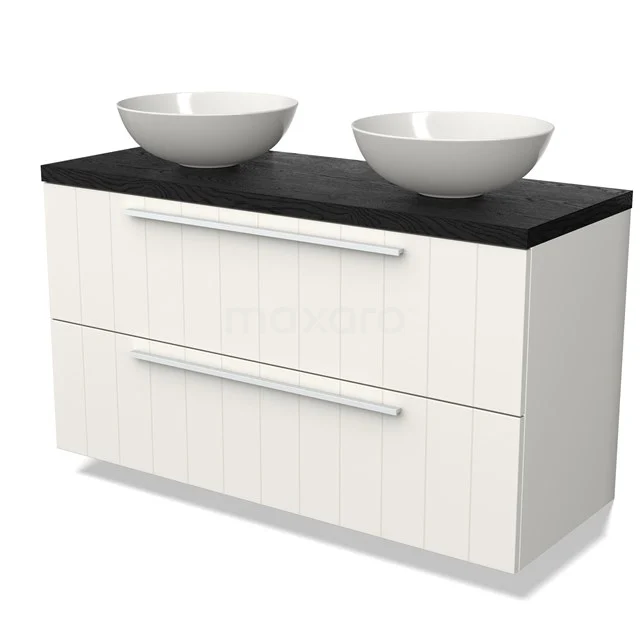 Modulo Plato Vanity units for countertop basin | 120 cm Matte white Slat front Black oak worktop 2 Stacked drawers BMK17-02742