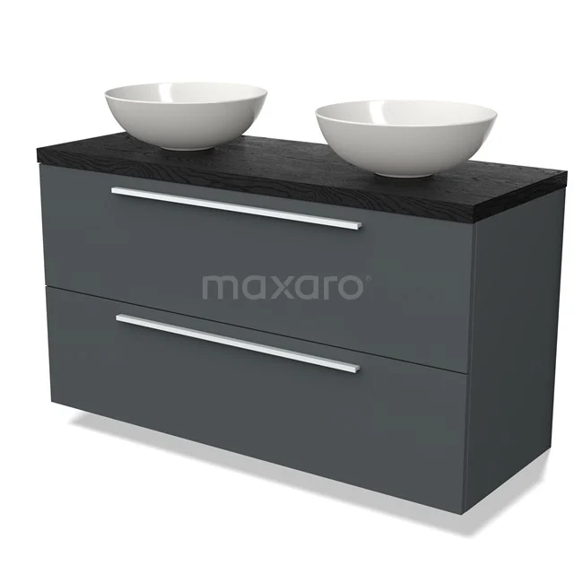 Grey bathroom furniture set with black top, double white countertop wash basins and sleek silver handles, modern design.