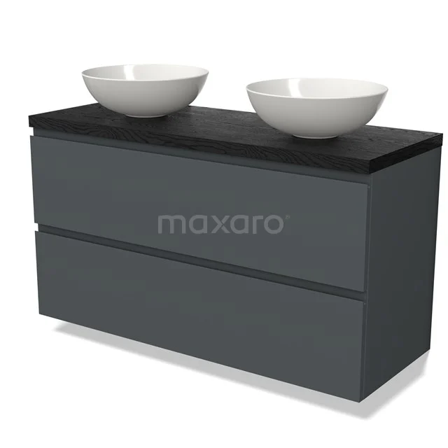 Dunkelgraue Badmöbelset mit zwei weißen runden Waschbecken und einer schwarzen Holzplatte, modernes Design.