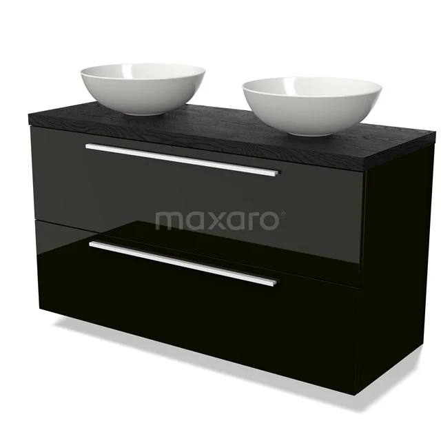 Modulo Plato Vanity units for countertop basin | 120 cm High-gloss black Flat front Black oak worktop 2 Stacked drawers BMK17-02746