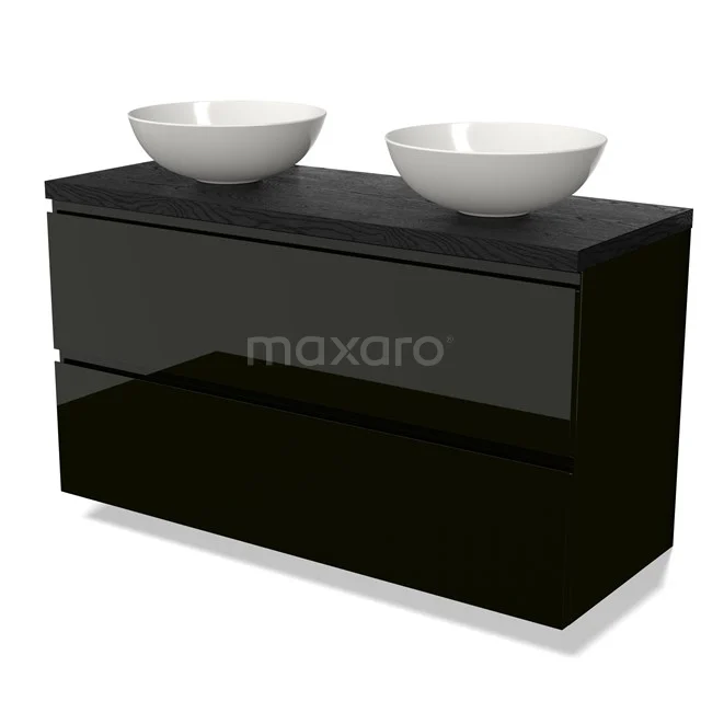 Schwarze glänzende Badmöbelset mit doppelten Aufsatzwaschbecken aus Keramik, modernes Design und klare Verarbeitung.