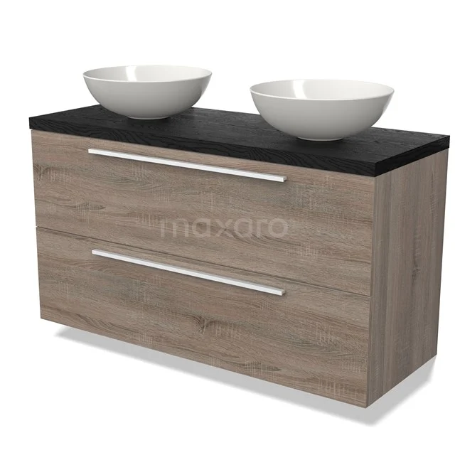 Hölzernes Badezimmermöbel mit Schublade, schwarzer Oberfläche und zwei weißen keramischen Aufsatzwaschbecken, modernes und stilvolles Design.