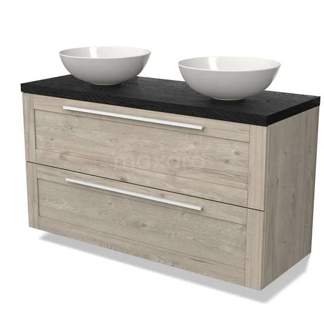 Wooden bathroom unit with natural stone worktop, double white countertop wash basins and metal handles, ideal for a stylish bathroom.