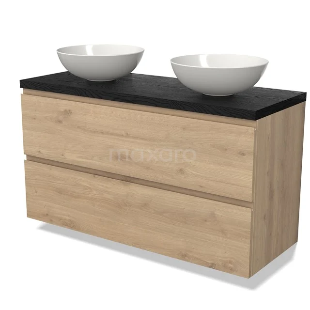 Holz Badezimmermöbel mit zwei weißen runden Aufsatzwaschbecken, Schwarz Platte und Schubladenfronten in Eiche.