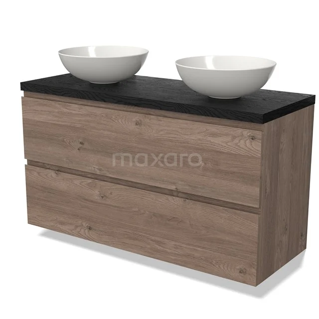 Holz-Badmöbel mit zwei weißen Waschbecken, dunkler Platte und modernem Schubladendesign, perfekt für stilvolle Bäder.