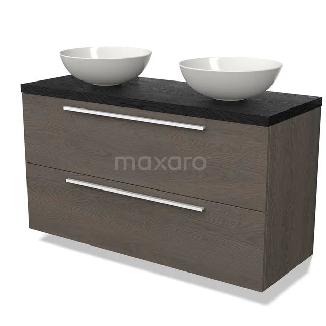 Moderne Badmöbel, Holzoptik, mit schwarzer Platte und zwei weißen Aufsatzwaschbecken; stilvolles Design für eine Doppelwaschbeckenanordnung.