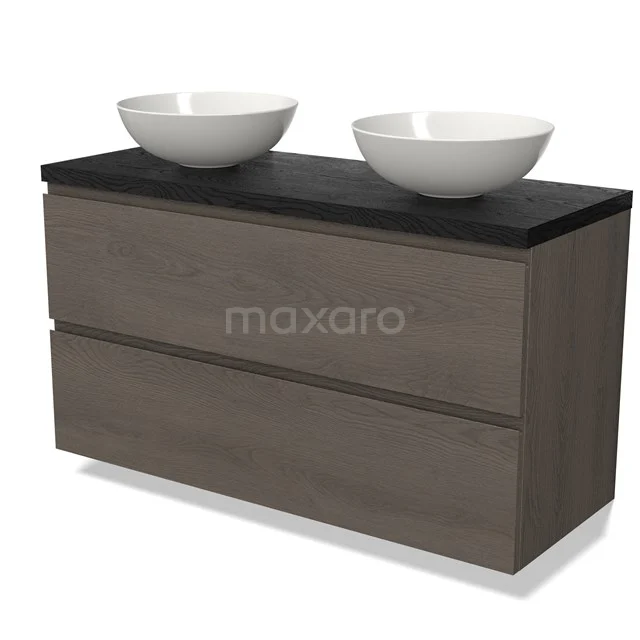 Badmöbel Holzoptik mit schwarzer Platte und doppelten weißen Aufsatzwaschbecken, modernes Design, ideal für ein stilvolles Badezimmer.